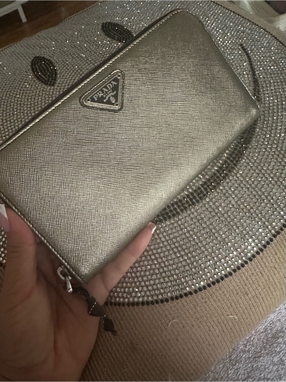 Prada Large Saffiano Leather Wallet in Gold/Gunmetal Color